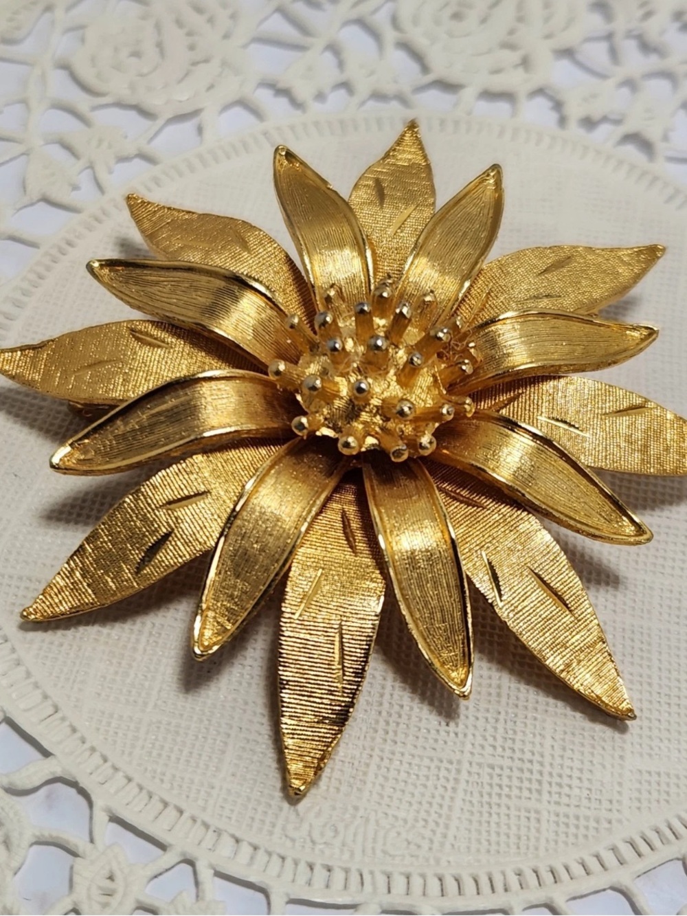 Vintage Gold Tone Flower Brooch Pin Layered Floral Textured Petals Statement